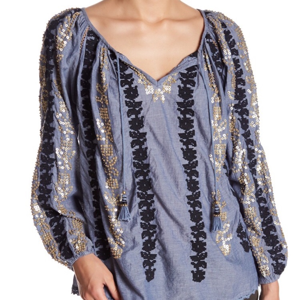Calypso St. Barth Argosta Embellished Chambray Top
